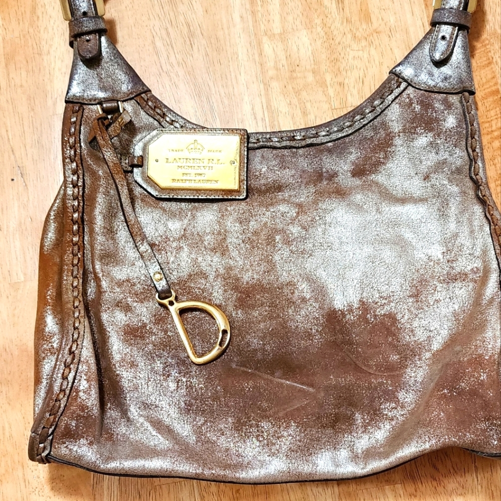 Ralph Lauren leather, gold distressed purse.